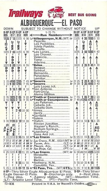 1975 TRAILWAYS Bus Schedule Card ALBUQUERQUE EL PASO Denver Taos New 