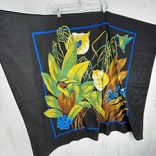 Large Square Scarf Black Blue Green Yellow Floral Bird Botanical Print Silky