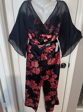 August Silk Womens L SATIN Pajama 2PC Set Top/Pants Floral Chiffon Bat Large NWT