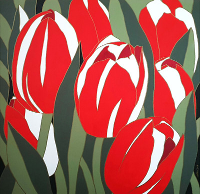 MODERNES GROSSES ACRYL BLUMENGEMÄLDE AUF GESPANNTER LEINWAND ROTE TULPEN