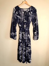 VTG 70s Montgomery Ward Semi Sheer Blue White Floral Pleated Midi Dress Size M