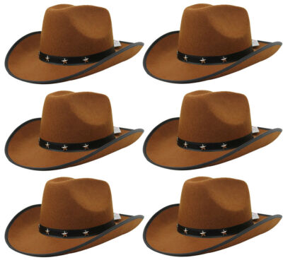 PACK OF BROWN COWBOY HATS STAR STUDDED FANCY DRESS COSTUME HEN