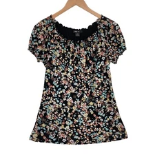 Style&co. Boho Blouse Womens Medium Black Floral Nylon Off Shoulder Short Sleeve