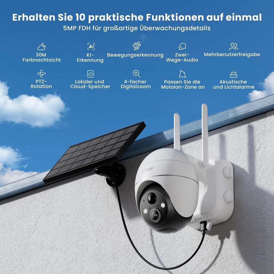 5MP Kabellose WLAN Überwachungskamera Aussen 360° PTZ Solar/Akku Kamera IP66 - Bild 2 von 4