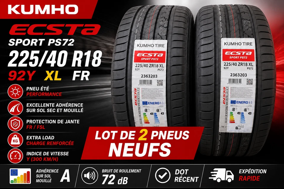 2 Pneus 225/40 R18 92Y KUMHO ECSTA SPORT PS72 XL FR Neufs Été DOT Récent - Photo 1/1
