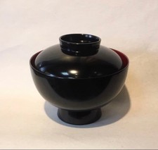 Japanese Echizen Lacquer Zoni Lidded Bowls Pair Black Red Interior Urushi