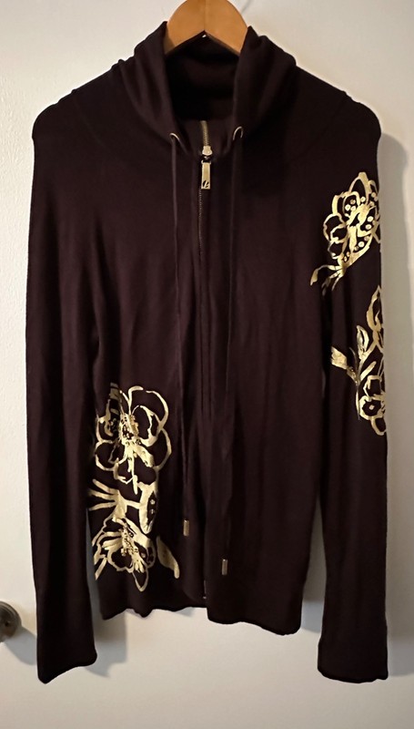 Cache Womens Jacket Medium Vintage Floral Knit Zipper Front Brown Gold Metallic