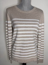 J. Crew Factory Teddie Sweater Beige White Striped 100 Cotton Size M