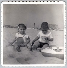 Vtg B&W Snapshot Summer Toddler Girl In Overalls & Boy With Sand Bucket 1956