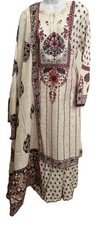 LADIES OFF WHITE KHADDAR SLUB 'J.' PRINTED 3PC CLASSIC KAMIZ WITH DHAKA PANTS L