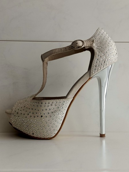 T-Riemen-Sandalen Pumps 36 Absatz chrom 14cm Plateau 4cm Leder