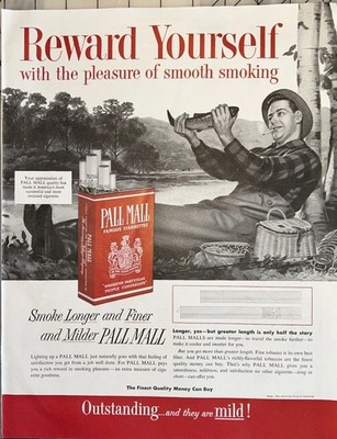 Vintage Print AD, 1954, Mid-century Modern  Pall mall Cigarettes, Fisherman, MCM