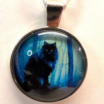 Vtg New Black Maine Coon Siberian Cat Feline Kitty Forest Pendant Glass Cabochon