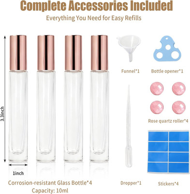 4 Pack 10Ml Essential Oil Roller Bottles with Rose Quartz Roller Ball   Refil...