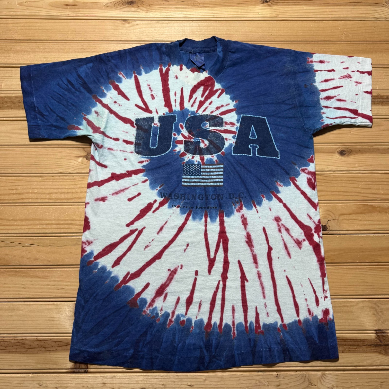 Vintage 90s Washington DC USA Flag Preserve Freedom Tie Dye Shirt Medium