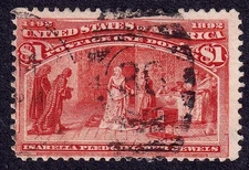 US Scott 241, 1893 Queen Isabella Pledging Her Jewels, $1 salmon, USED