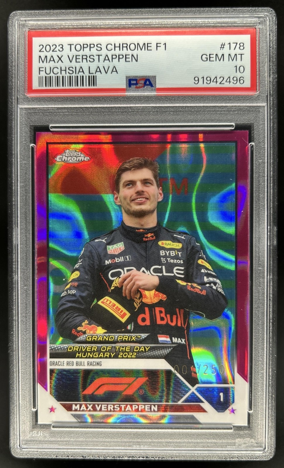 2023 Topps Chrome F1 Max Verstappen Fuchsia Lava Refractor #/250 PSA 10 GEM MINT view 1