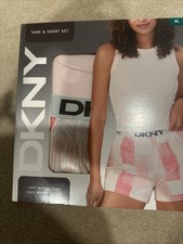 DKNY Pink  White Tank Short Set Size XL Soft Ribbed Set Cozy Woven Shorts New