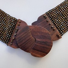 Black Gold Silver Beaded Stretch Belt Wooden Clasp Buckle Waist Cinch Boho Vtg