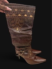 DOLLHOUSE EmbellishedBrown Leather Knee-HighHeeled Boots