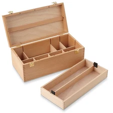 Large Wooden Artist Tool Box, Portable Brush Storage Box Organizer with Drawer