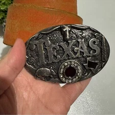 Vintage Texas Belt Buckle Genuine Leather Orange Studded Western Belt Mens Small