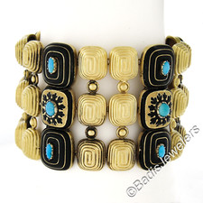 Vintage 18k Yellow Gold Turquoise  Black Enamel Work 1.9mm Wide 3 Row Bracelet