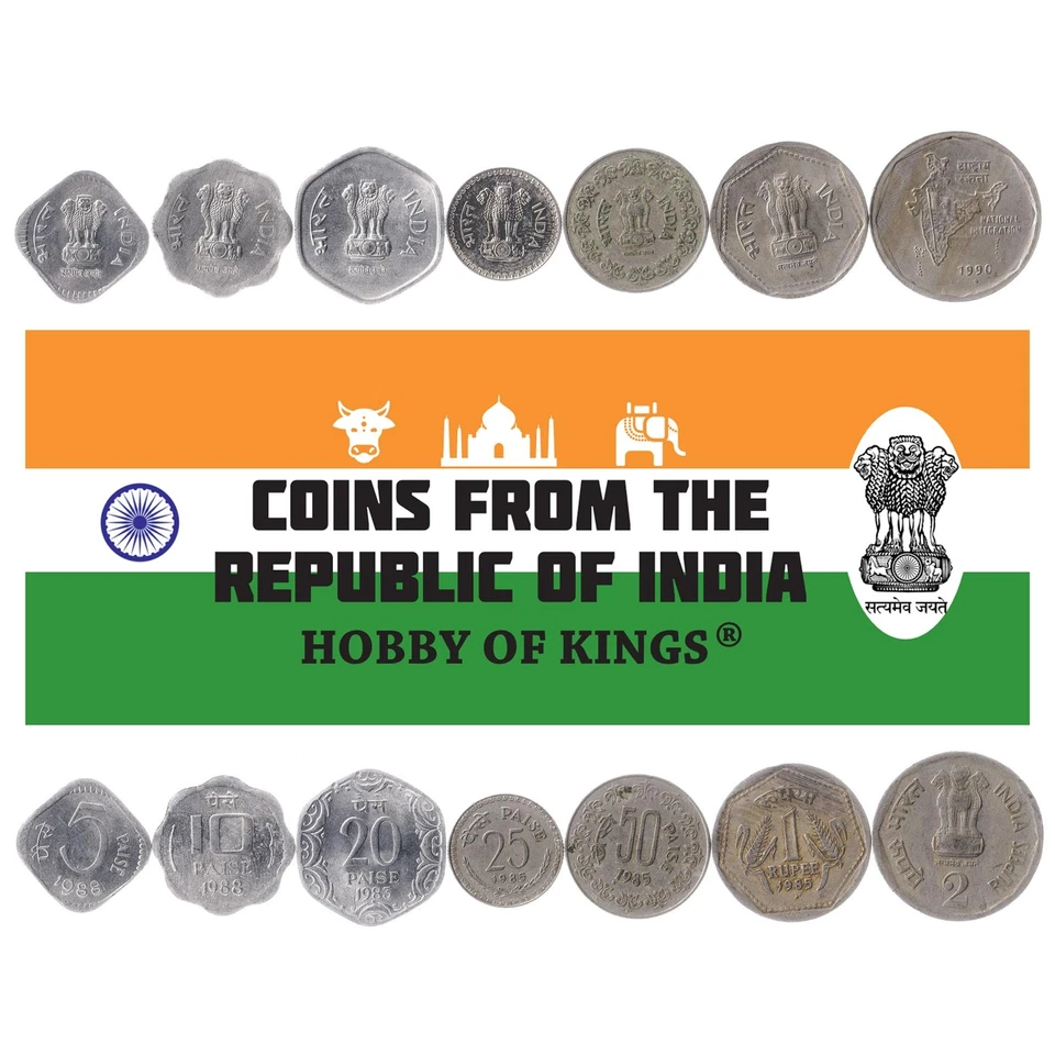 India | 7 Coin Set | 5 10 20 25 50 Paise 1 Rupee 2 Rupees | 1982 - 1994 - Image 3 of 3