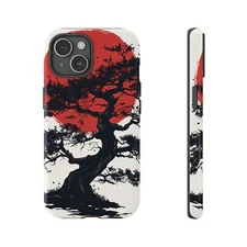 Japanese Bonsai Tree Phone Case – Red Sun Ink Art, Minimalist Aesthetic Design