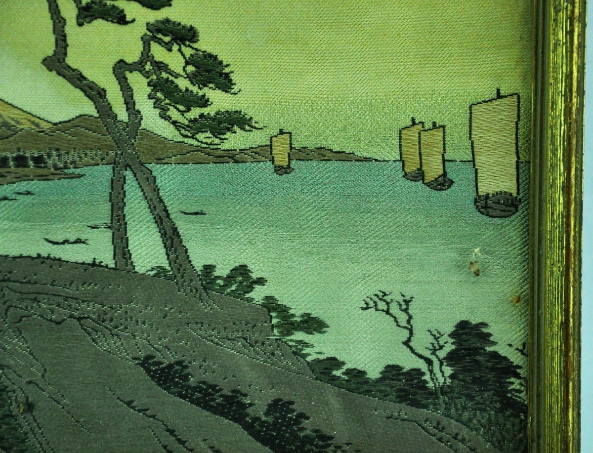 Vintage Japanese Embroidery Artwork with Fujiyama Mountain 9 ¼” x