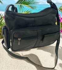 BLACK Leather Organizer Purse Shoulder Bag Multiple Pockets Cross Body Handbag