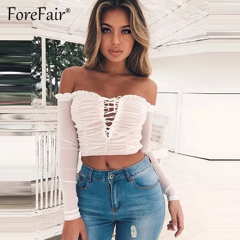 Tiger mist mesh off shoulder crop top Off white Cream L