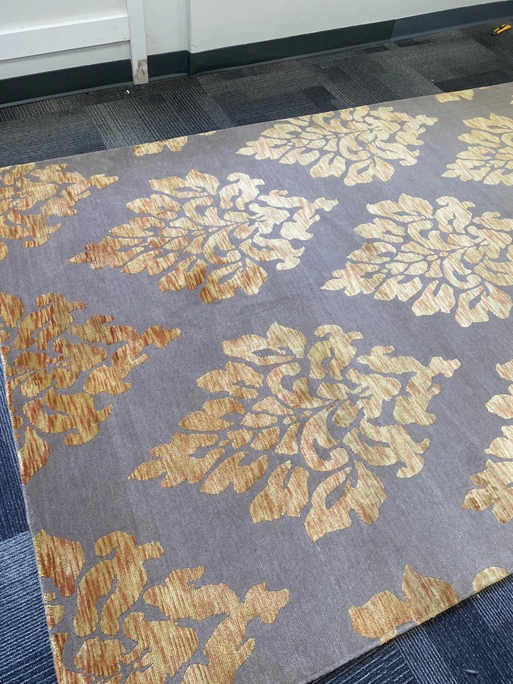 Tibetan oriental Area Rug  carpet gray gold silk & wool hand Knotted Damask. - Image 2 of 4