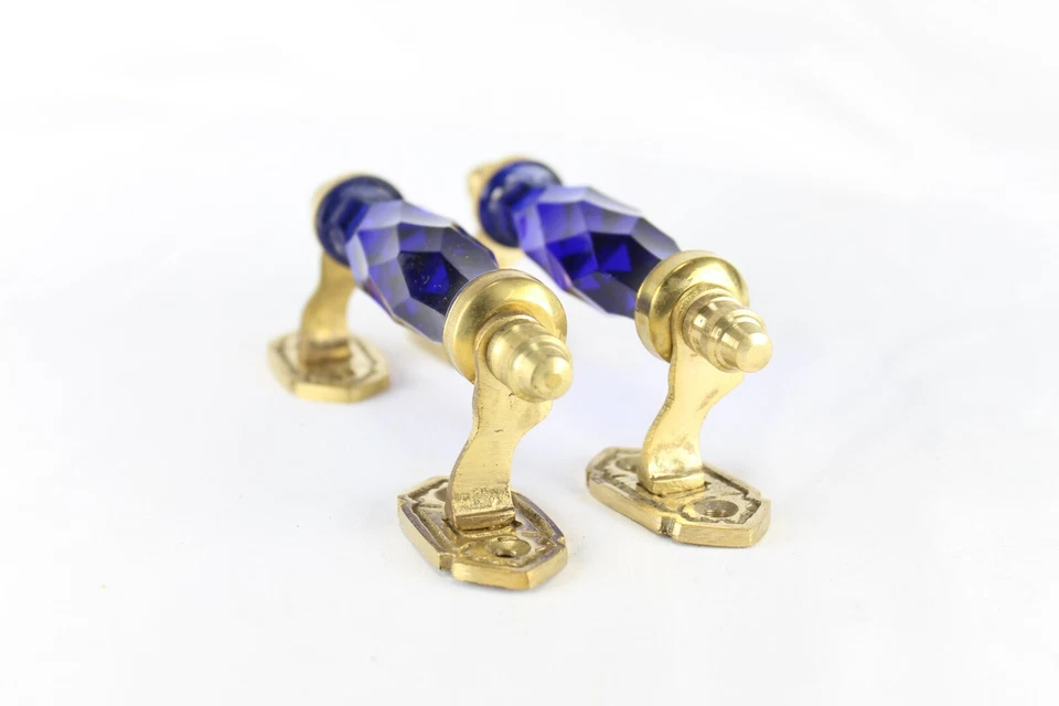 Vintage Cobalt Blue Cut Glass Door Knob Set Brass Victorian Style, Home Decor - Image 4 of 4