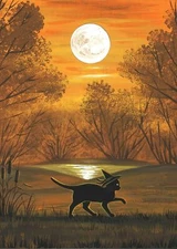 ACEO PRINT OF PAINTING RYTA HALLOWEEN BLACK CAT WITCH AUTUMN FOLK ART Salem 🍁