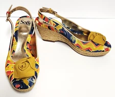 Sofft Women's Marcela Floral Fabric Jute Wedge Shoes Yellow Rosette 8M NWOB