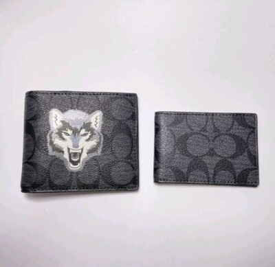 COACH Black Signature Wolf Logo Bi-fold Wallet Card case Set of
