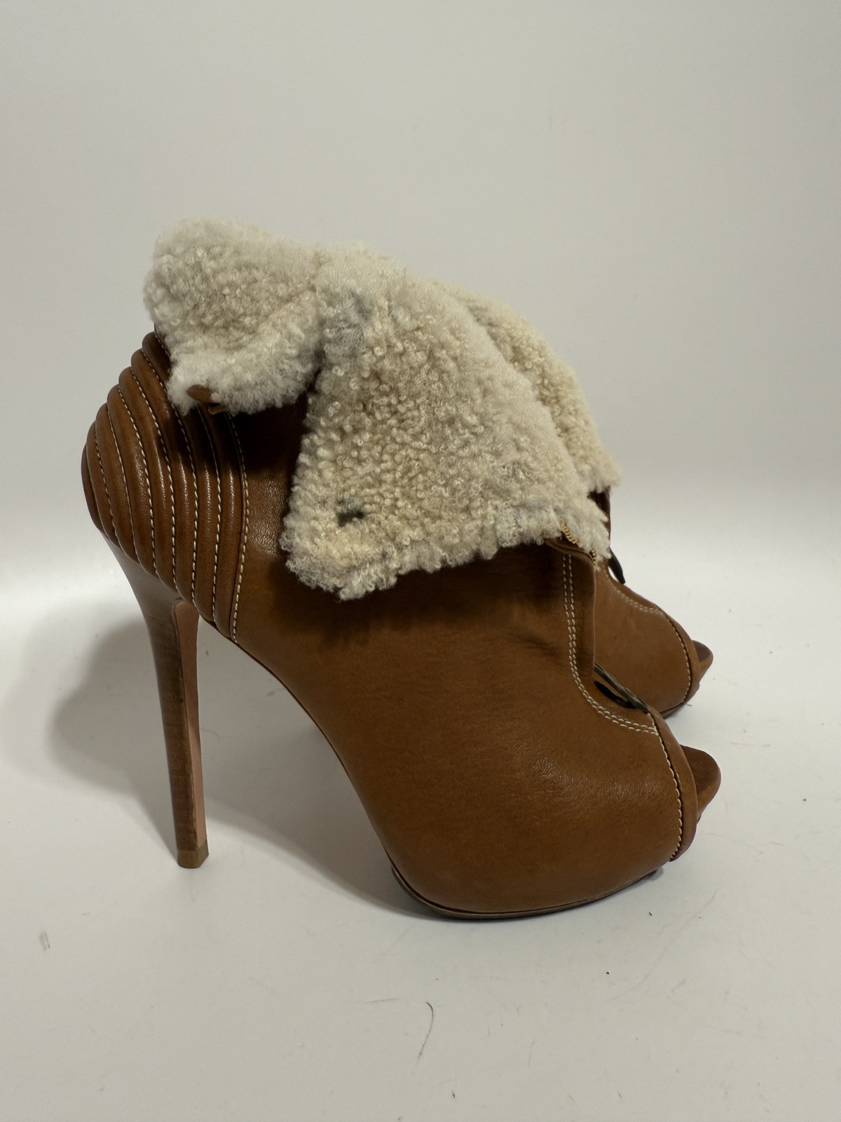 Vtg Alexander McQueen Brown Leather Shearling Platform Heels 36