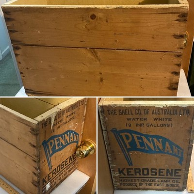 ORIGINAL VINTAGE or ANTIQUE SHELL PENNANT KEROSENE WOODEN CRATE BOX