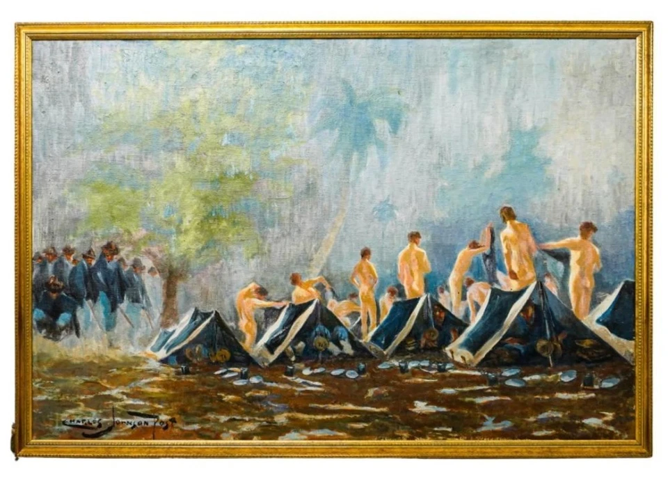 Pintura al óleo de Charles Johnson posterior a la guerra civil baño y lavandería y la guardia de trincheras Foto 2 de 4