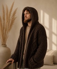 Men’s Chunky Knit Cardigan Sweater Handmade Hooded Oversized Wool Brown Cozy