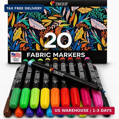 Zenacolor 20 Fabric Markers Pens Set - Indelible and Permanent Fabric Paint Fine