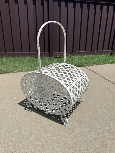 Vintage White Wrought Iron Fireplace Log Holder Wood Rack Magazine Basket Decor