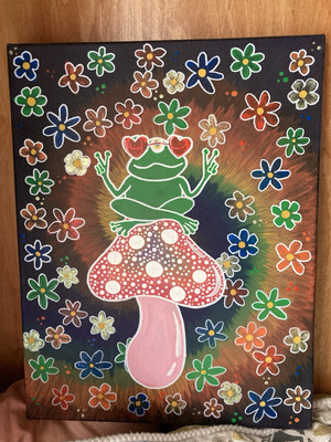Original Artwork Tie Dye Peace Frog On Mushroom Hand Painted 14 x18  Canvas Y2K