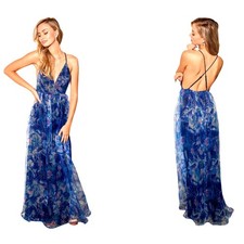 New With Tags Lulus Bloom Wildly Navy Blue Floral Organza Maxi Dress Size Small