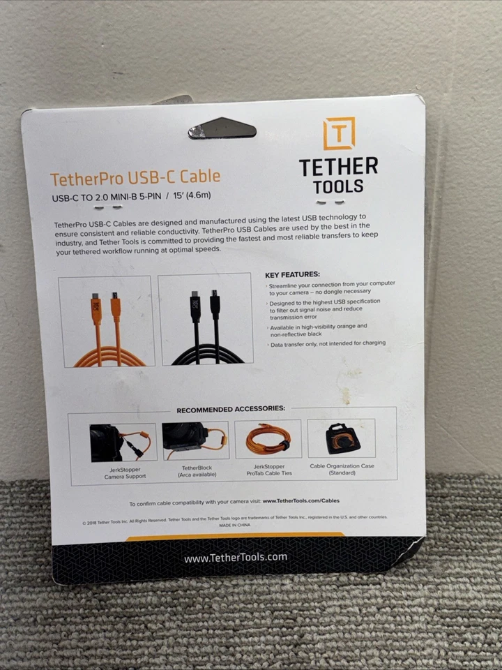 Tether Tools TetherPro USB-C to 2.0 Mini-B 5-Pin Cable, 15', Orange 7652 87 - Image 2 of 4
