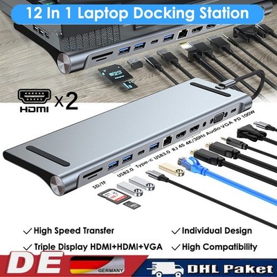 12 in 1 Dockingstation Docking Station USB C Hub Display Adapter mit 2x4K HDMI