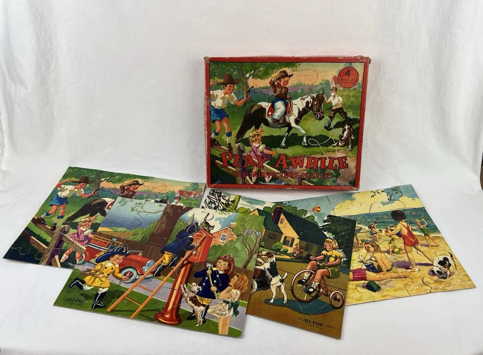 VINTAGE 1930’s PLAY AWHILE ALL FAIR PUZZLES E. E. FAIRCHILD CORP. Set 4 Complete - Image 2 of 4