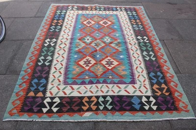 Tapis Kilim Oriental Vintage Rouge Fait Main 213x158cm Laine - Photo 1/4