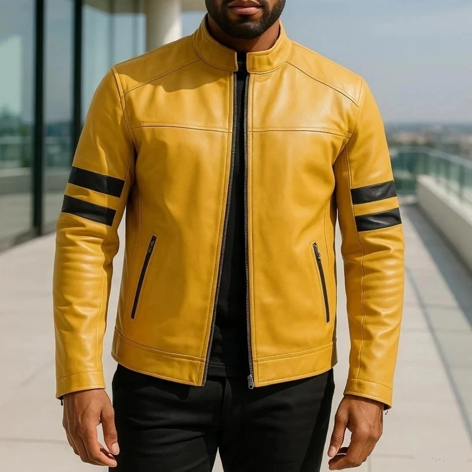 Men's Yellow Leather Jacket Genuine Lambskin Motorcycle Biker Jacket Black Strip - Image 3 of 4